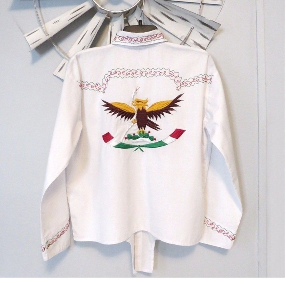 Vintage Handmade Mexican Embroidered White Cotton Tie Front Western Blouse Large